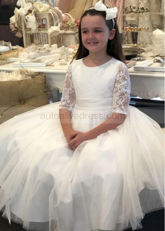 Elbow Sleeve Ivory Lace Tulle Flower Girl Dress